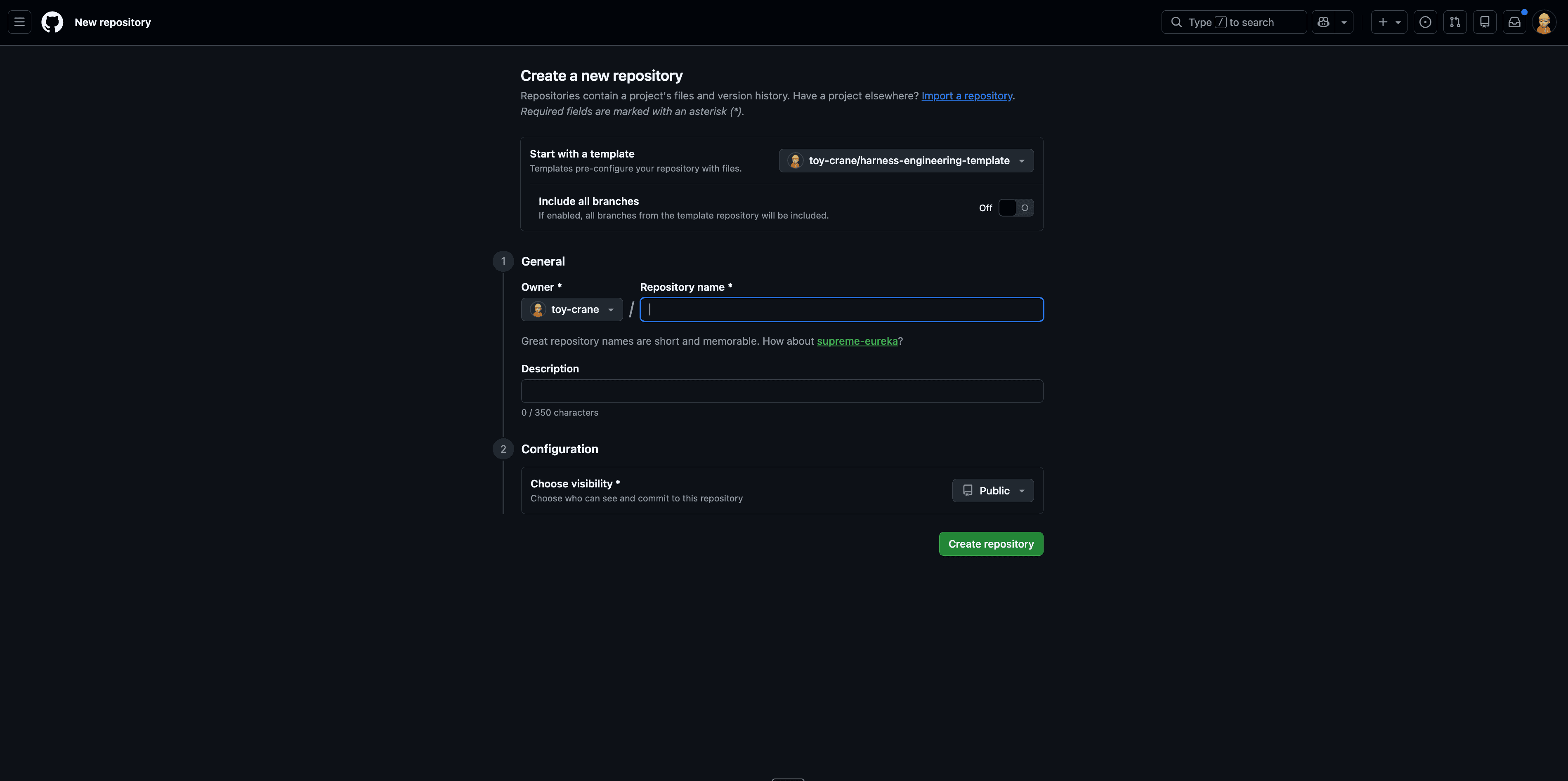 GitHub Create a new repository 화면