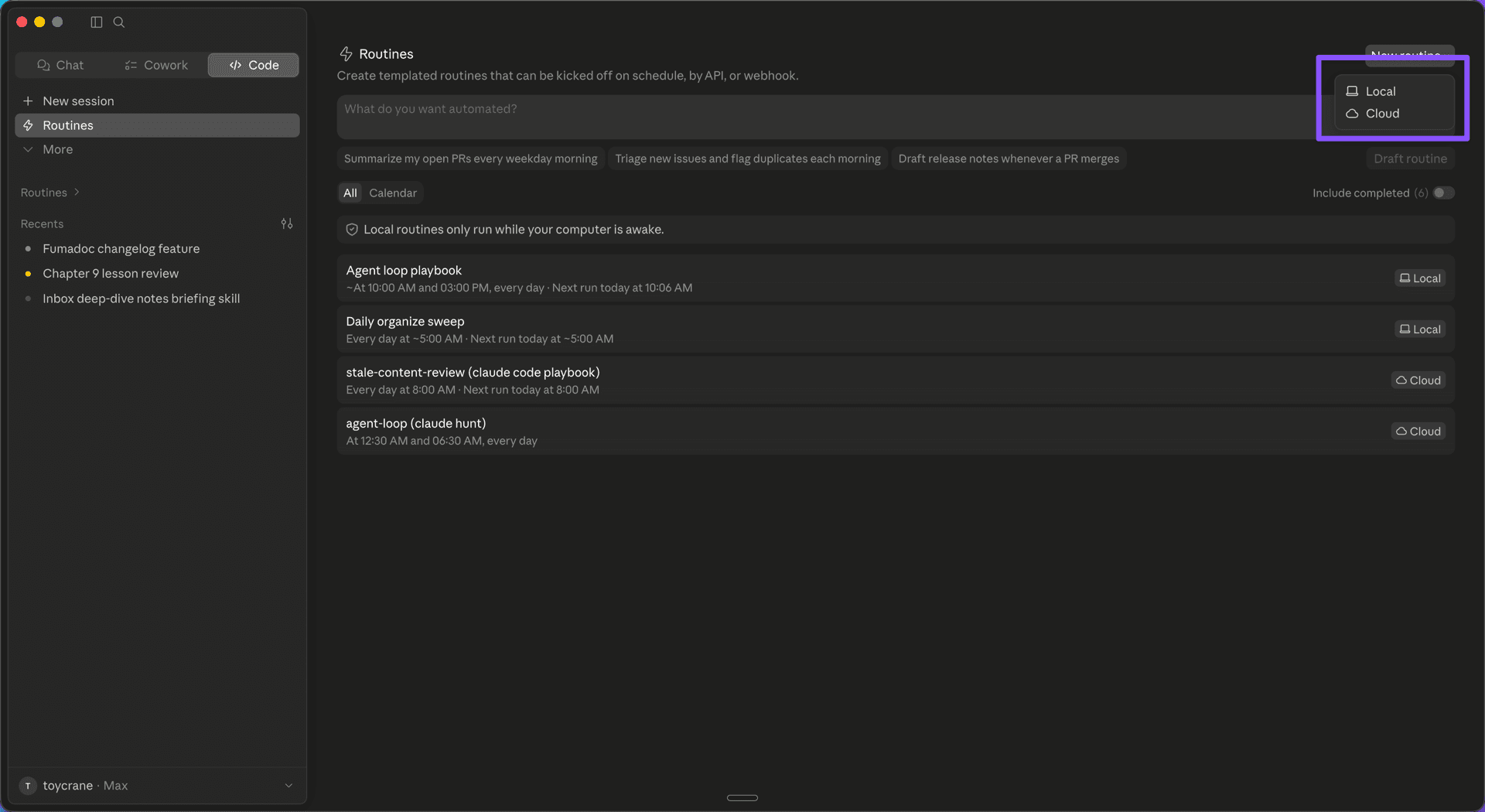 Routines 페이지에서 New routine의 Local·Cloud 선택