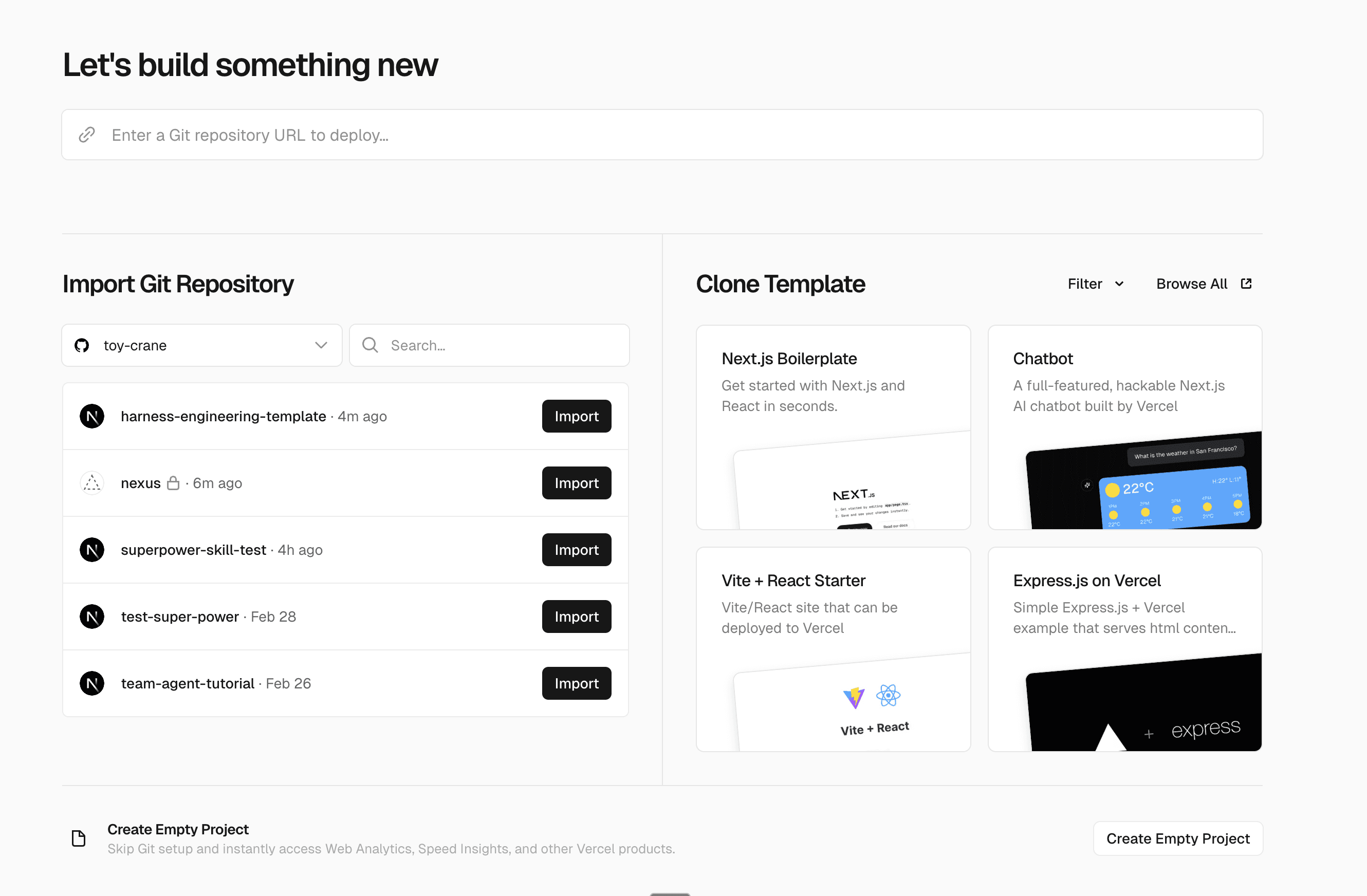 Vercel GitHub 저장소 Import 화면