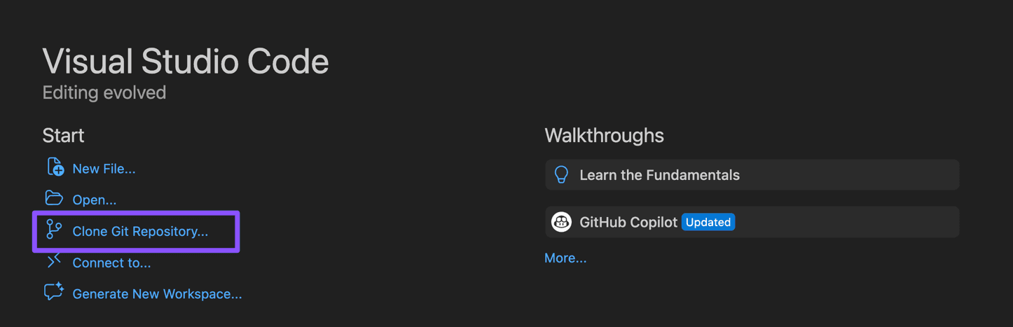 VS Code Welcome 탭의 Clone Git Repository 옵션